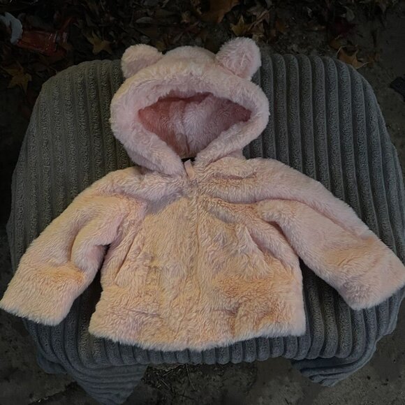 Baby EDDIE BAUER Fluffy PINK Bear Zip Jacket Animal Ears Hood 6-12 mos - Picture 1 of 5